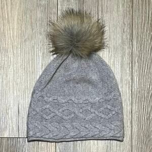 White Pine 100% Cashmere Knit Beanie Hat With Faux Fur Pom Gray One Size NWOT